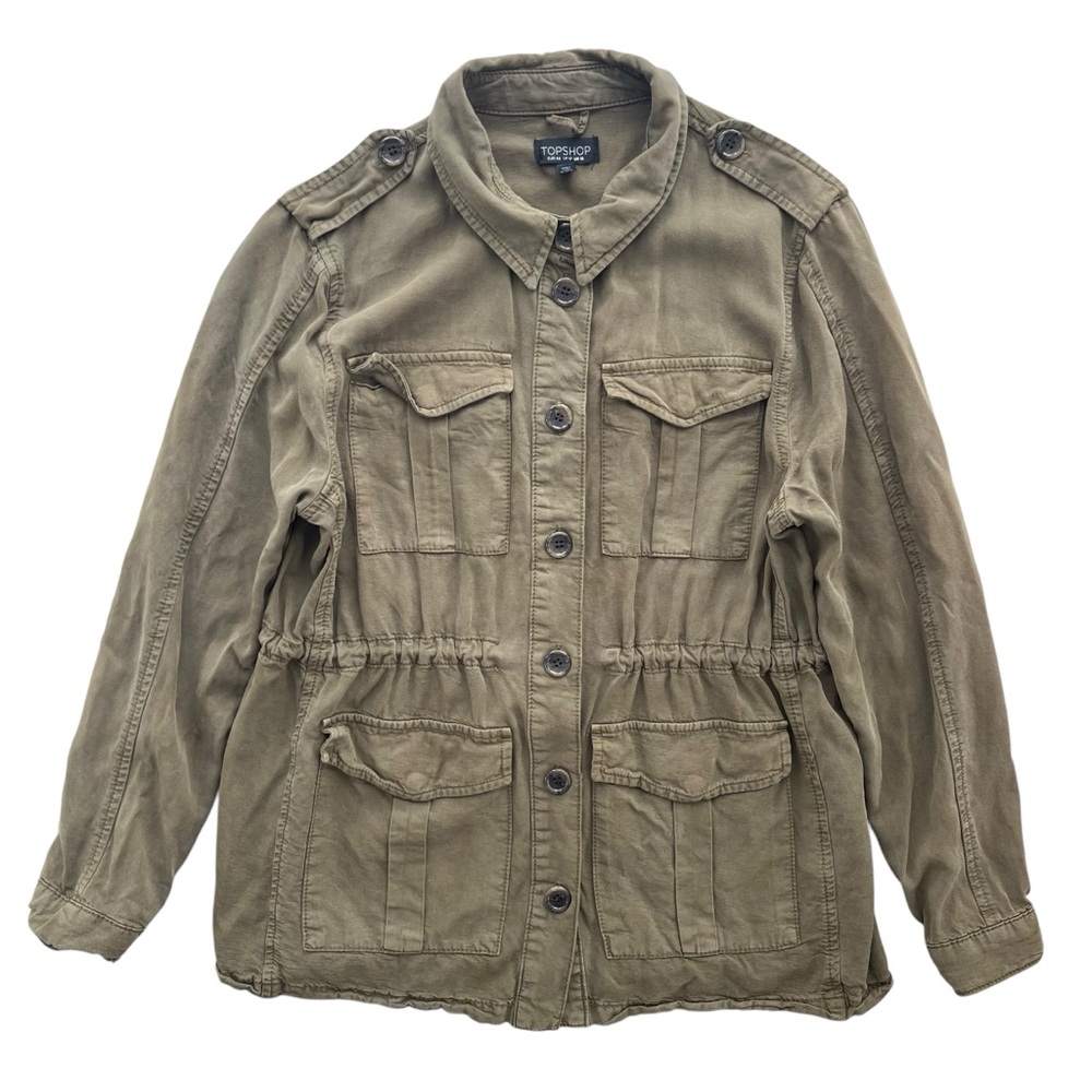 Topshop Womens 12 Olive Green Button Front Epaulets Utility Army Military Jacket